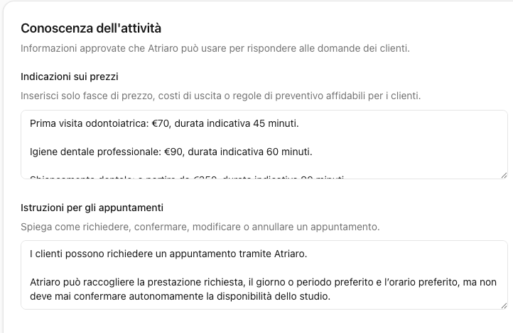 Impostazioni Business Knowledge di Atriaro con prezzi approvati e istruzioni per gli appuntamenti