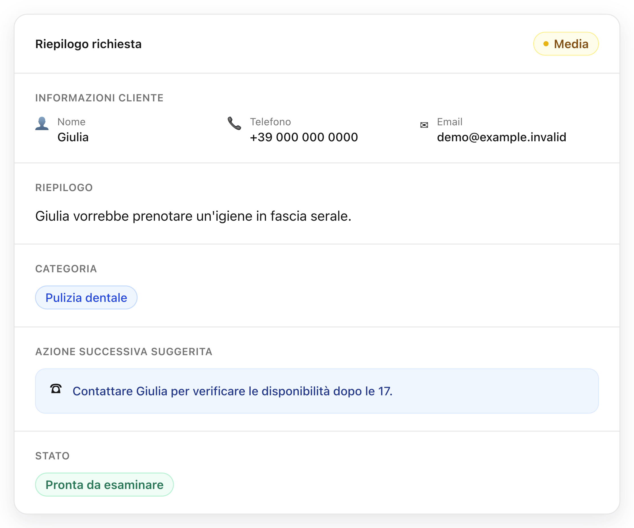 La stessa richiesta organizzata da Atriaro: riepilogo, priorità, categoria, contatto, azione successiva suggerita e stato