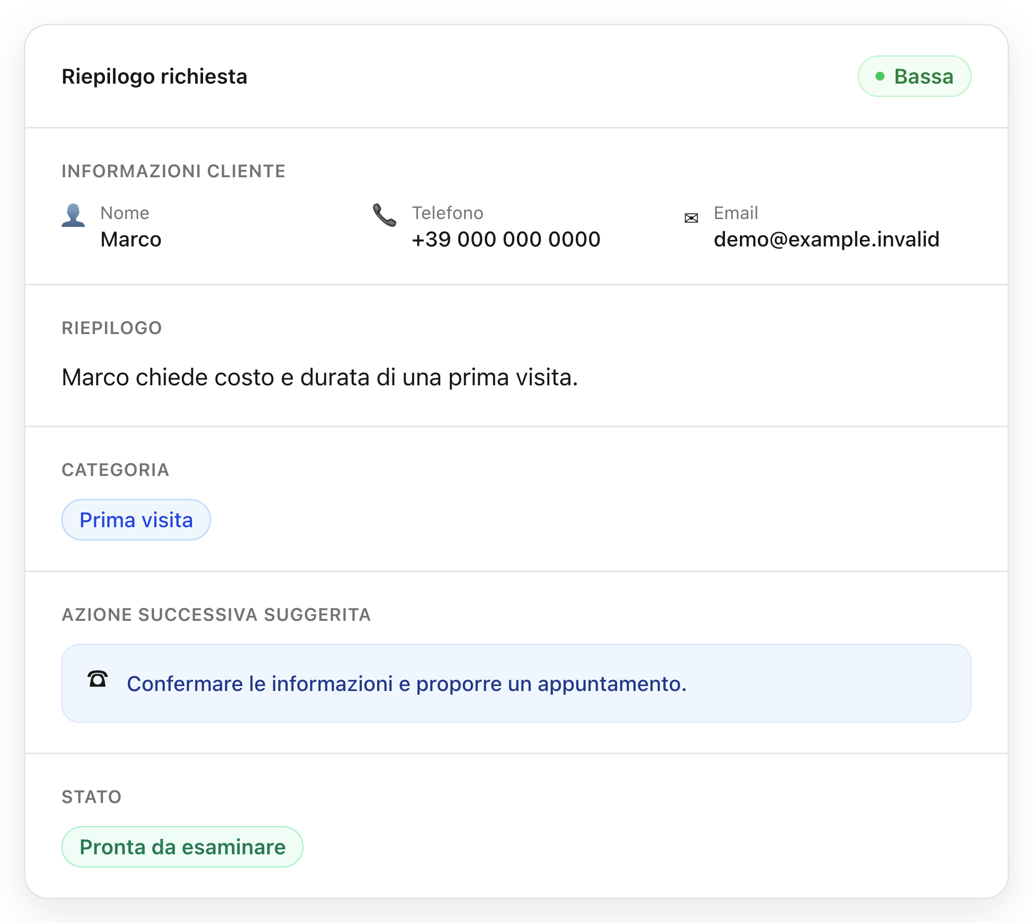 Richiesta di un cliente organizzata da Atriaro con riepilogo, priorità, categoria e azione successiva suggerita